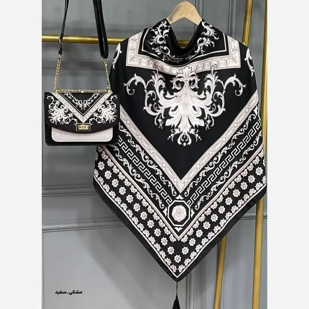 ست کیف و روسری مخمل و چرم صنعتی سورنا رنگ سرمهای و مشکی سفید
