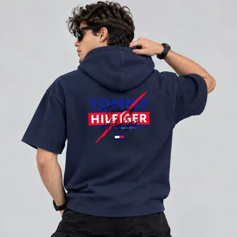 تی شرت کلاه دار مردانه لیما پنبه طرح حروف جلو و پشت چاپ