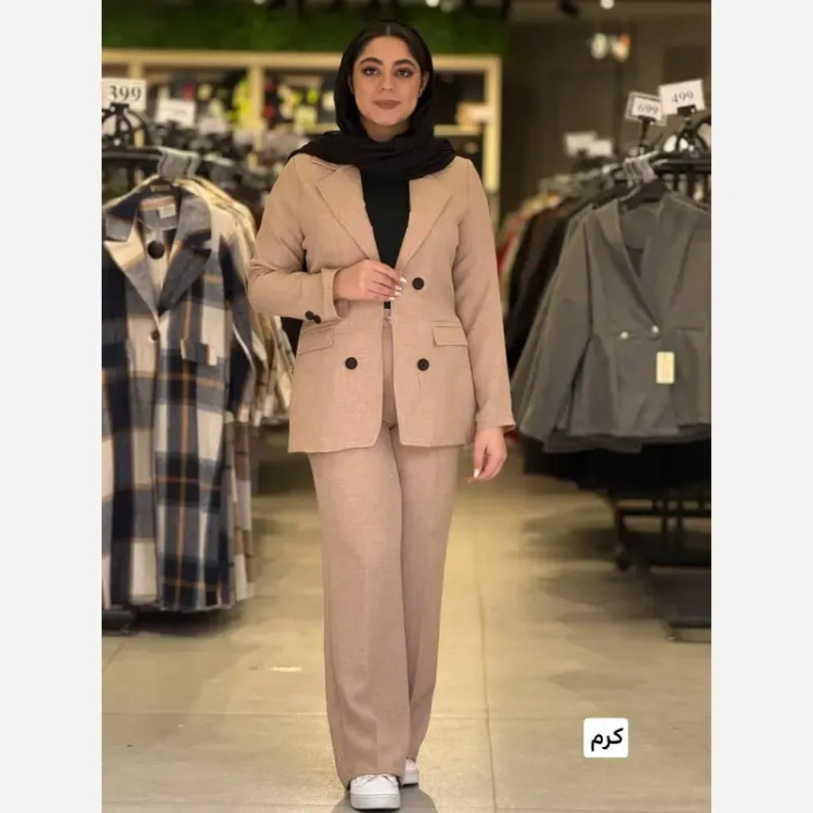 ست کت و شلوار زنانه جنس بابوس رنگ مشکی کرم استخونی سایز 38 تا 46