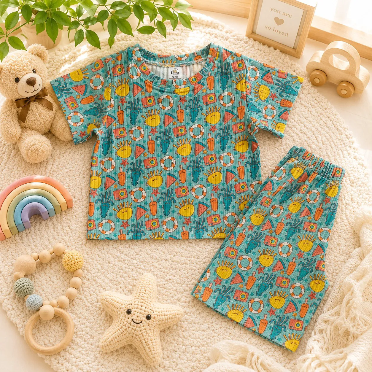 ست تیشرت و شلوارک نوزادی طرح هشت پاست 6 تا 24 ماه